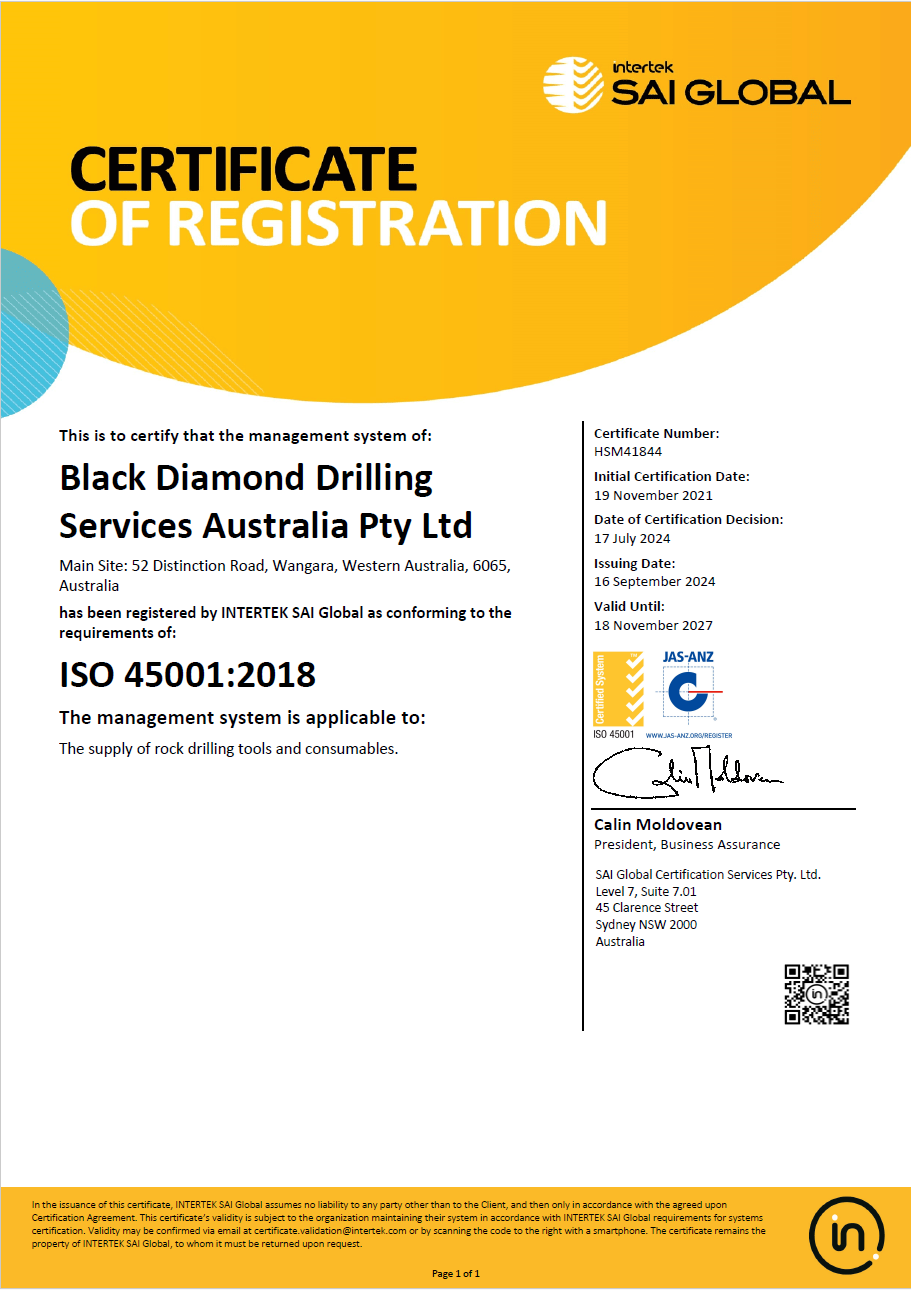 Black Diamond Drilling Services Australia HSM41844-ISO45001-2018