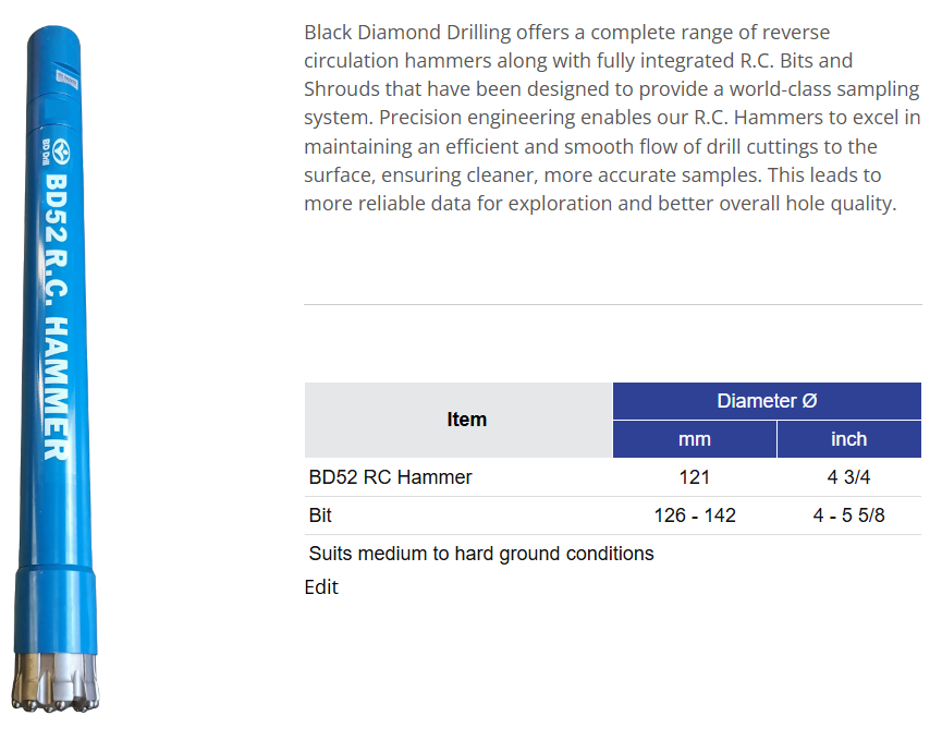 Black Diamond Drilling BD52 RC Reverse Circulation Hammer Information