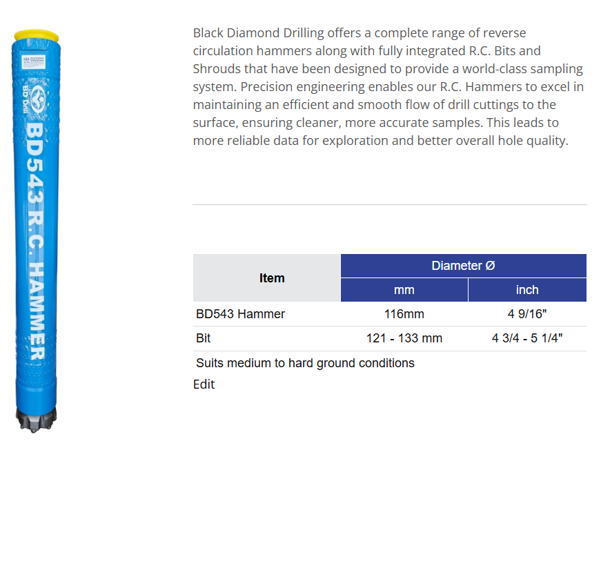 Black Diamond Drilling BD543 RC Hammer information