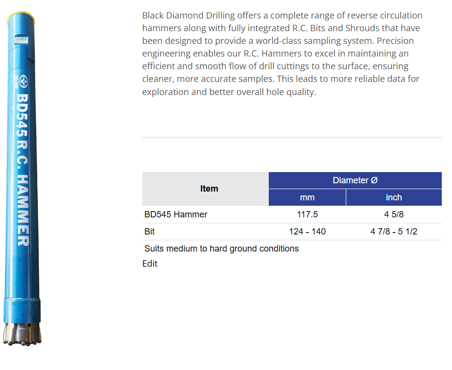 Black Diamond Drilling BD545 RC Hammer Information