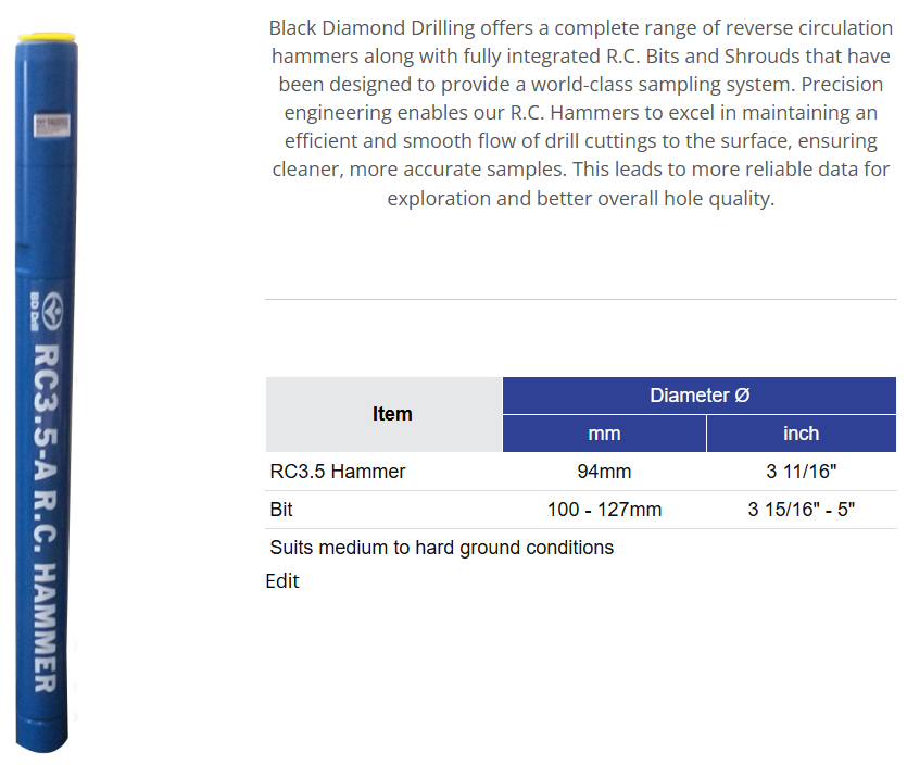 Black Diamond Drilling RC35Y RC Hammer Information